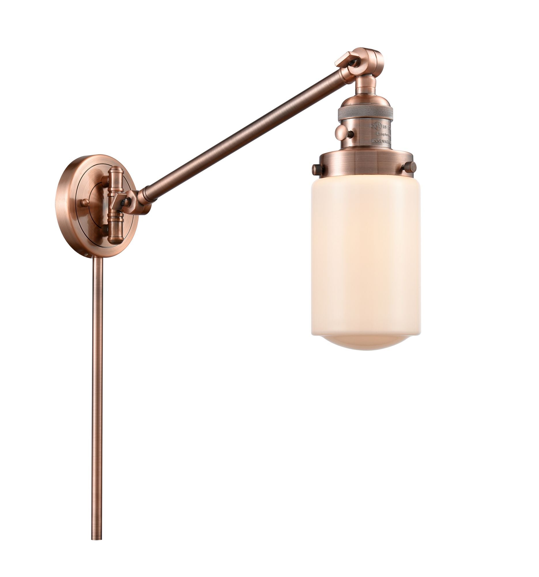 237-AC-G311 1-Light 4.5" Antique Copper Swing Arm - Matte White Cased Dover Glass - LED Bulb - Dimmensions: 4.5 x 30 x 25.75 - Glass Up or Down: Yes