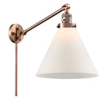 237-AC-G41-L 1-Light 12" Antique Copper Swing Arm - Matte White Cased Cone 12" Glass - LED Bulb - Dimmensions: 12 x 16 x 16 - Glass Up or Down: Yes