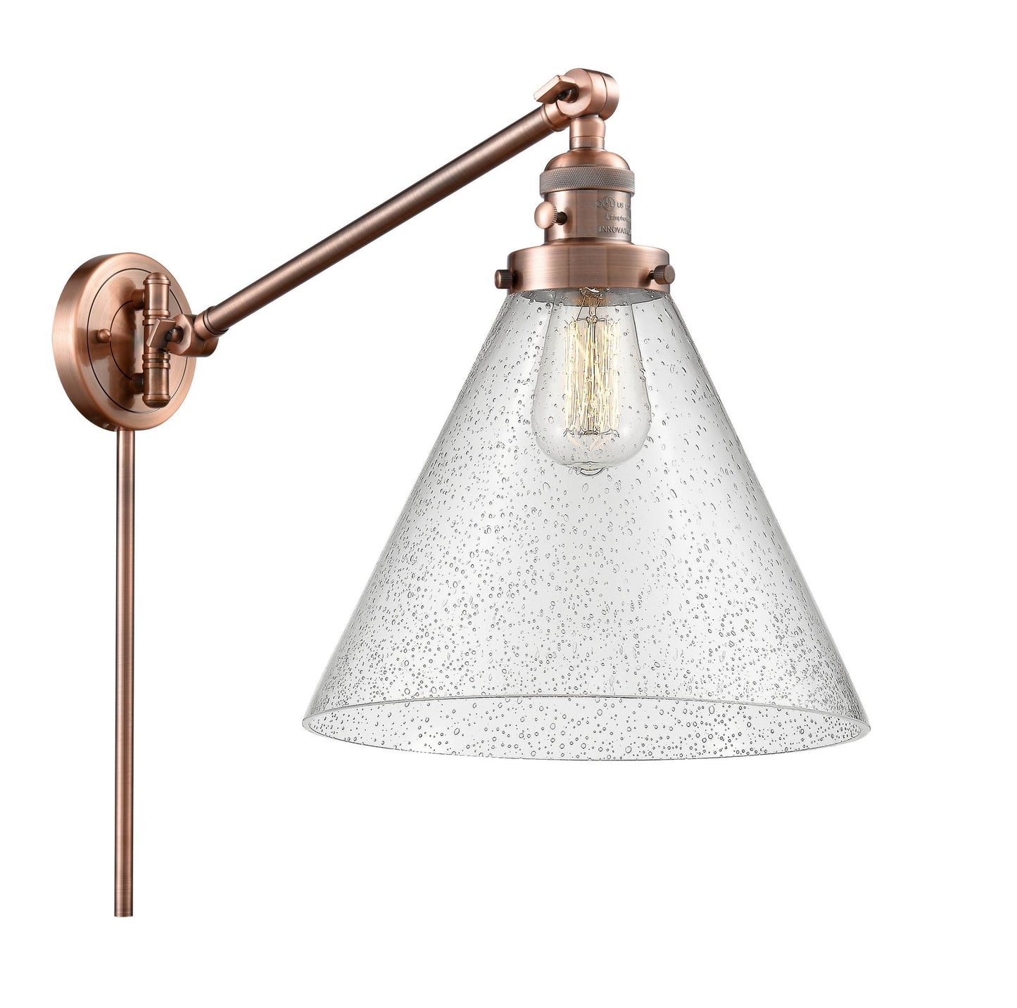 237-AC-G44-L 1-Light 12" Antique Copper Swing Arm - Seedy Cone 12" Glass - LED Bulb - Dimmensions: 12 x 16 x 16 - Glass Up or Down: Yes