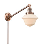 237-AC-G531 1-Light 8" Antique Copper Swing Arm - Matte White Cased Small Oxford Glass - LED Bulb - Dimmensions: 8 x 30 x 25 - Glass Up or Down: Yes