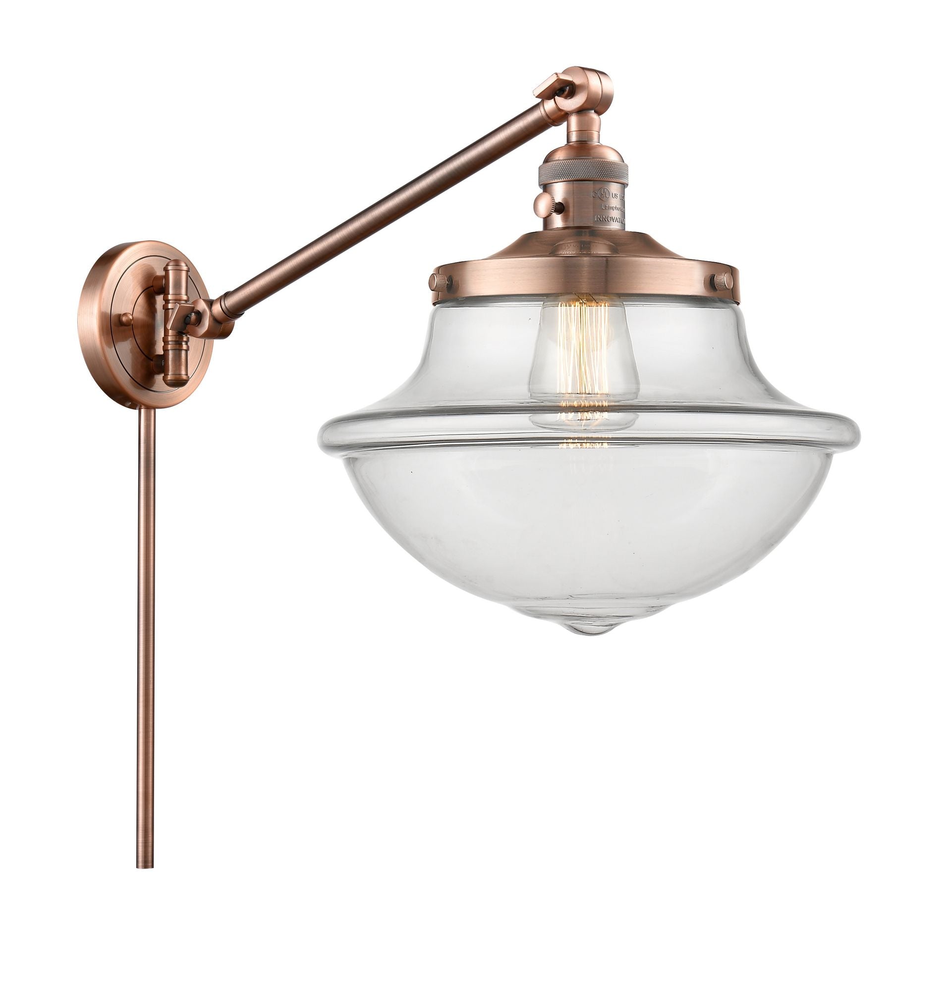 237-AC-G542 1-Light 11.75" Antique Copper Swing Arm - Clear Large Oxford Glass - LED Bulb - Dimmensions: 11.75 x 20 x 13 - Glass Up or Down: Yes