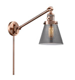 237-AC-G63 1-Light 8" Antique Copper Swing Arm - Plated Smoke Small Cone Glass - LED Bulb - Dimmensions: 8 x 21 x 25 - Glass Up or Down: Yes
