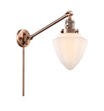 237-AC-G661-7 1-Light 7" Antique Copper Swing Arm - Matte White Cased Small Bullet Glass - LED Bulb - Dimmensions: 7 x 19.5 x 15.75 - Glass Up or Down: Yes