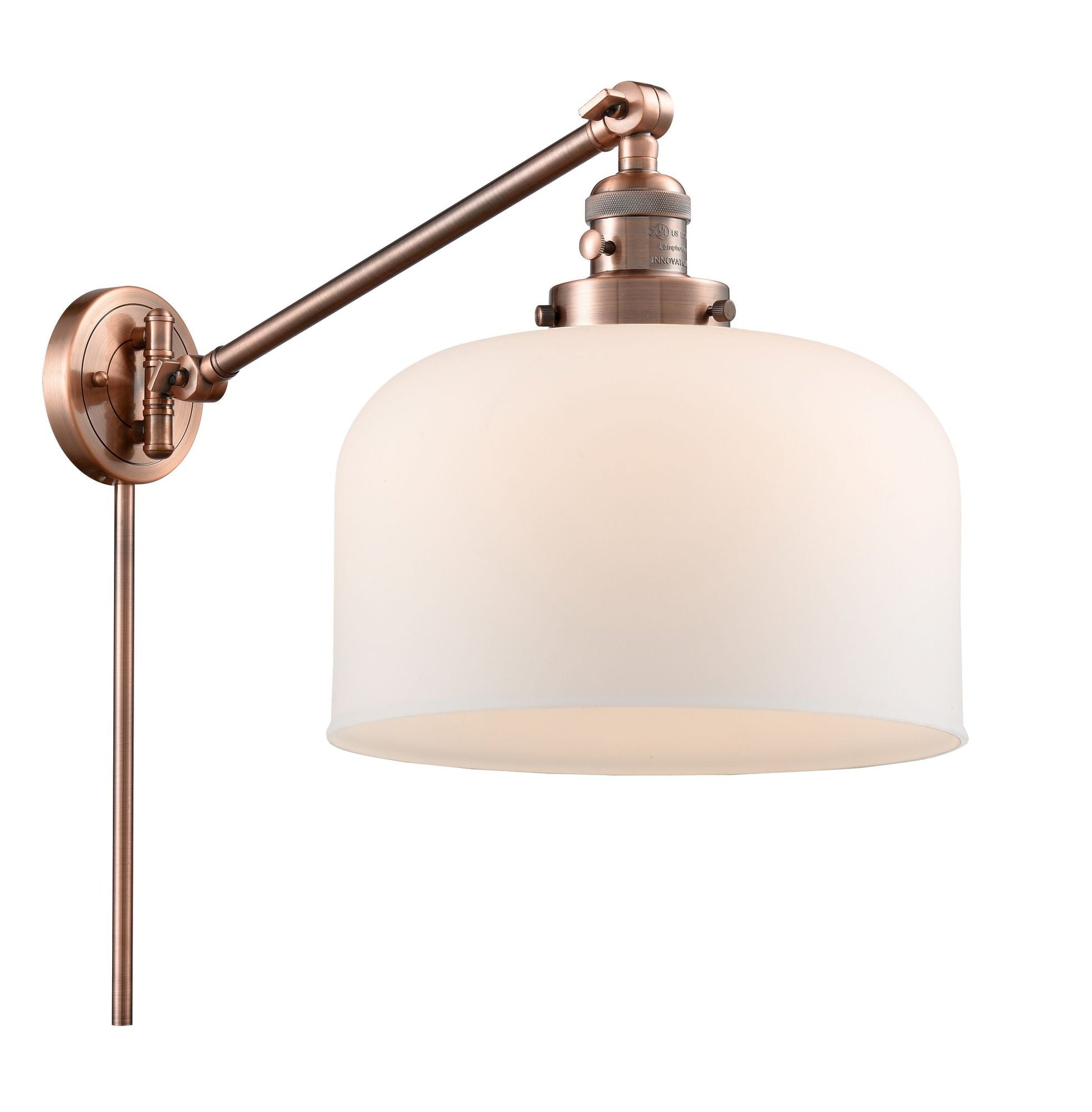 237-AC-G71-L 1-Light 12" Antique Copper Swing Arm - Matte White Cased X-Large Bell Glass - LED Bulb - Dimmensions: 12 x 12 x 13 - Glass Up or Down: Yes