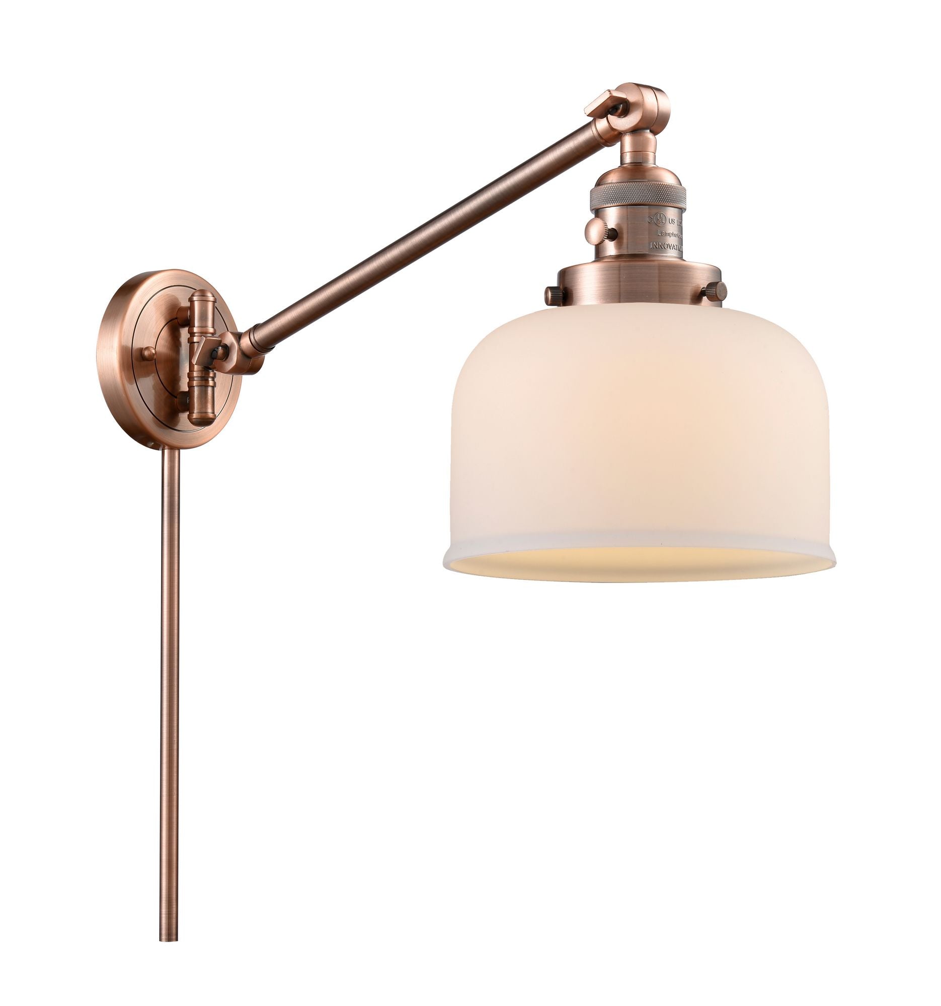 237-AC-G71 1-Light 8" Antique Copper Swing Arm - Matte White Cased Large Bell Glass - LED Bulb - Dimmensions: 8 x 21 x 25 - Glass Up or Down: Yes
