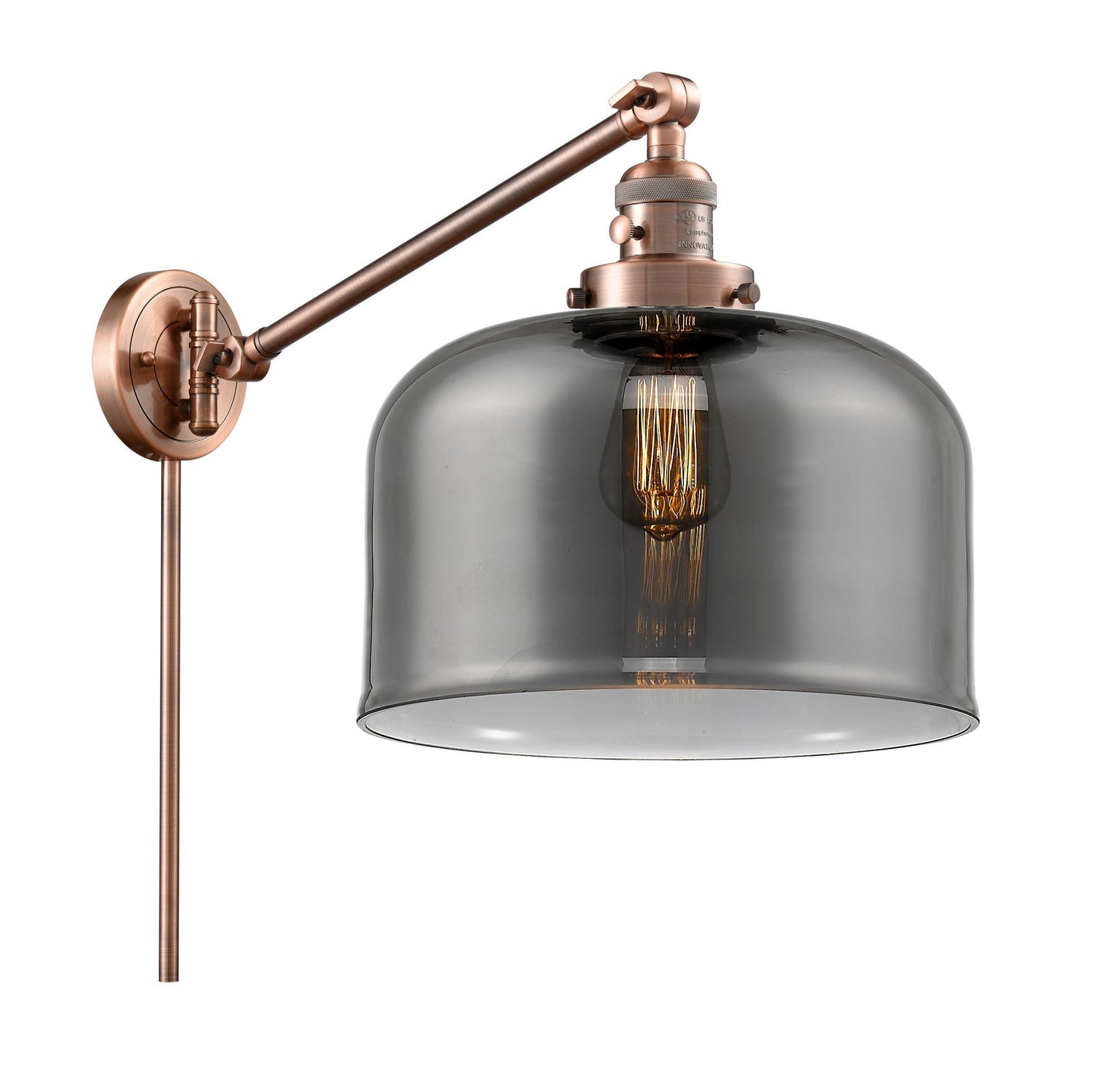 237-AC-G73-L 1-Light 12" Antique Copper Swing Arm - Plated Smoke X-Large Bell Glass - LED Bulb - Dimmensions: 12 x 12 x 13 - Glass Up or Down: Yes