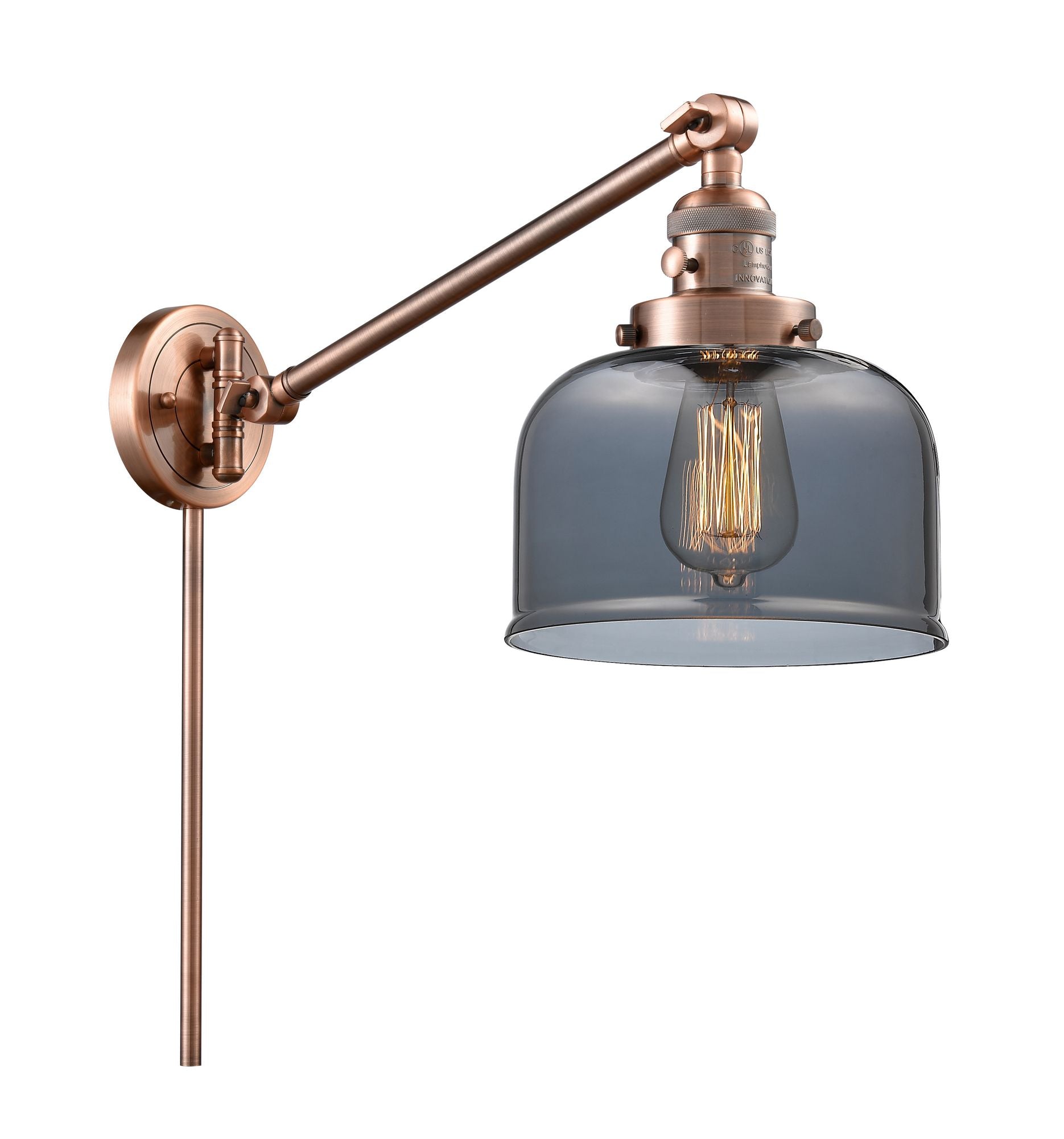 237-AC-G73 1-Light 8" Antique Copper Swing Arm - Plated Smoke Large Bell Glass - LED Bulb - Dimmensions: 8 x 21 x 25 - Glass Up or Down: Yes