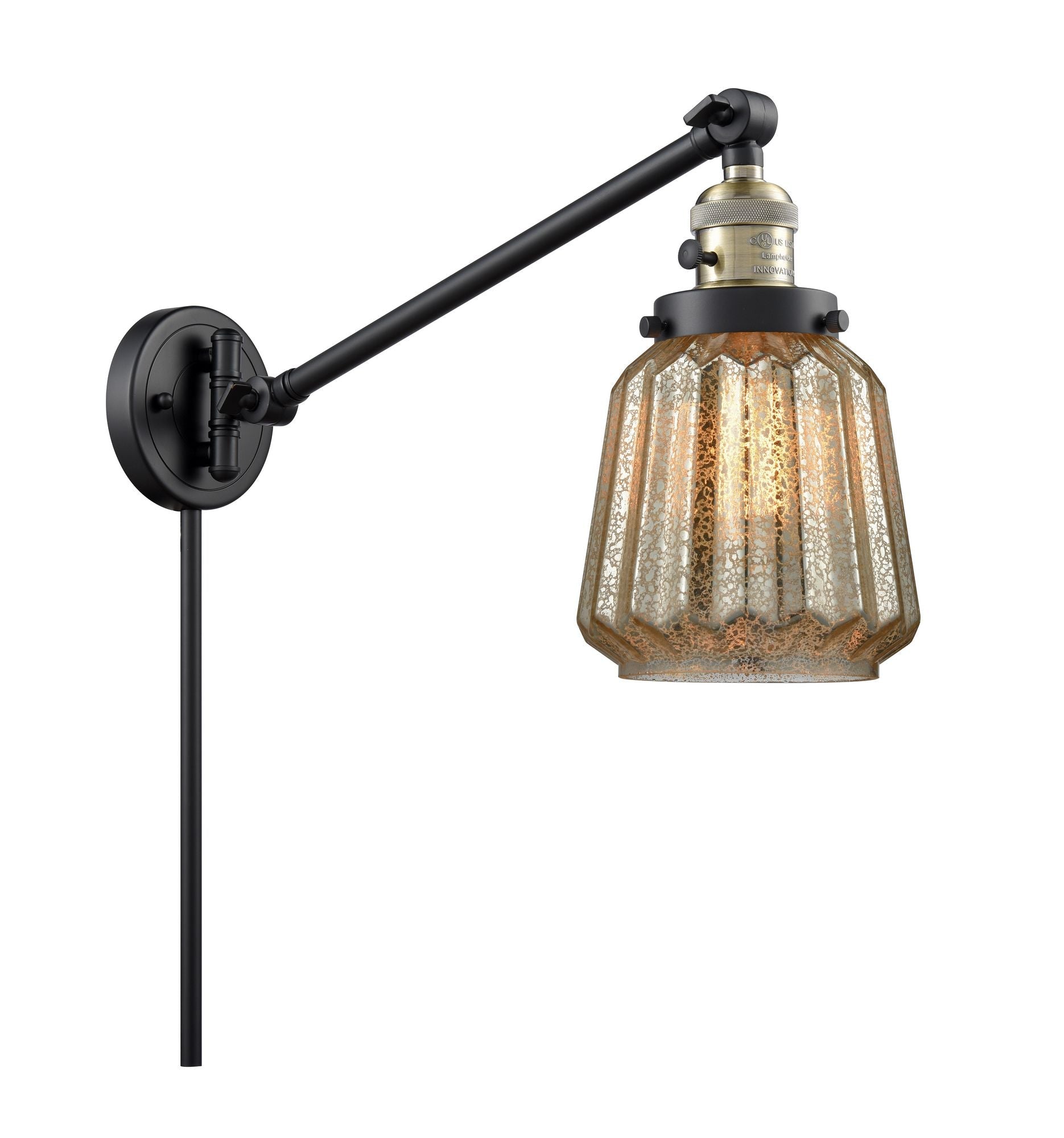 237-BAB-G146 1-Light 8" Black Antique Brass Swing Arm - Mercury Plated Chatham Glass - LED Bulb - Dimmensions: 8 x 35 x 25 - Glass Up or Down: Yes