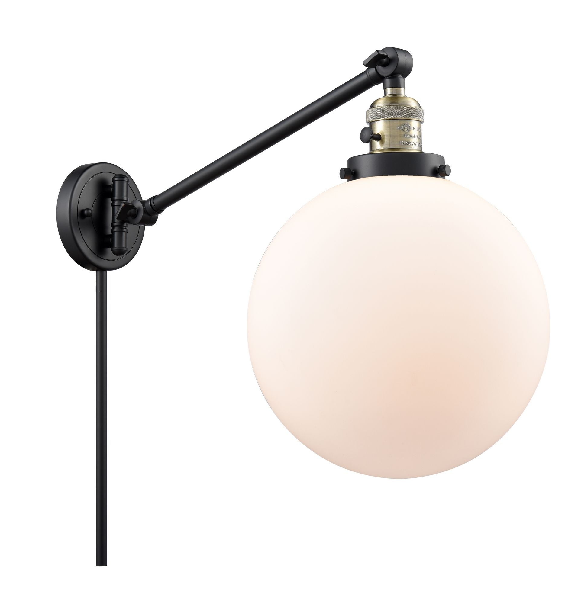 237-BAB-G201-10 1-Light 10" Black Antique Brass Swing Arm - Matte White Cased Beacon Glass - LED Bulb - Dimmensions: 10 x 18 x 14 - Glass Up or Down: Yes