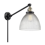 237-BAB-G222 1-Light 9.5" Black Antique Brass Swing Arm - Clear Halophane Seneca Falls Glass - LED Bulb - Dimmensions: 9.5 x 18 x 16 - Glass Up or Down: Yes
