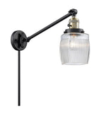 237-BAB-G302 1-Light 8" Black Antique Brass Swing Arm - Thick Clear Halophane Colton Glass - LED Bulb - Dimmensions: 8 x 30 x 25 - Glass Up or Down: Yes