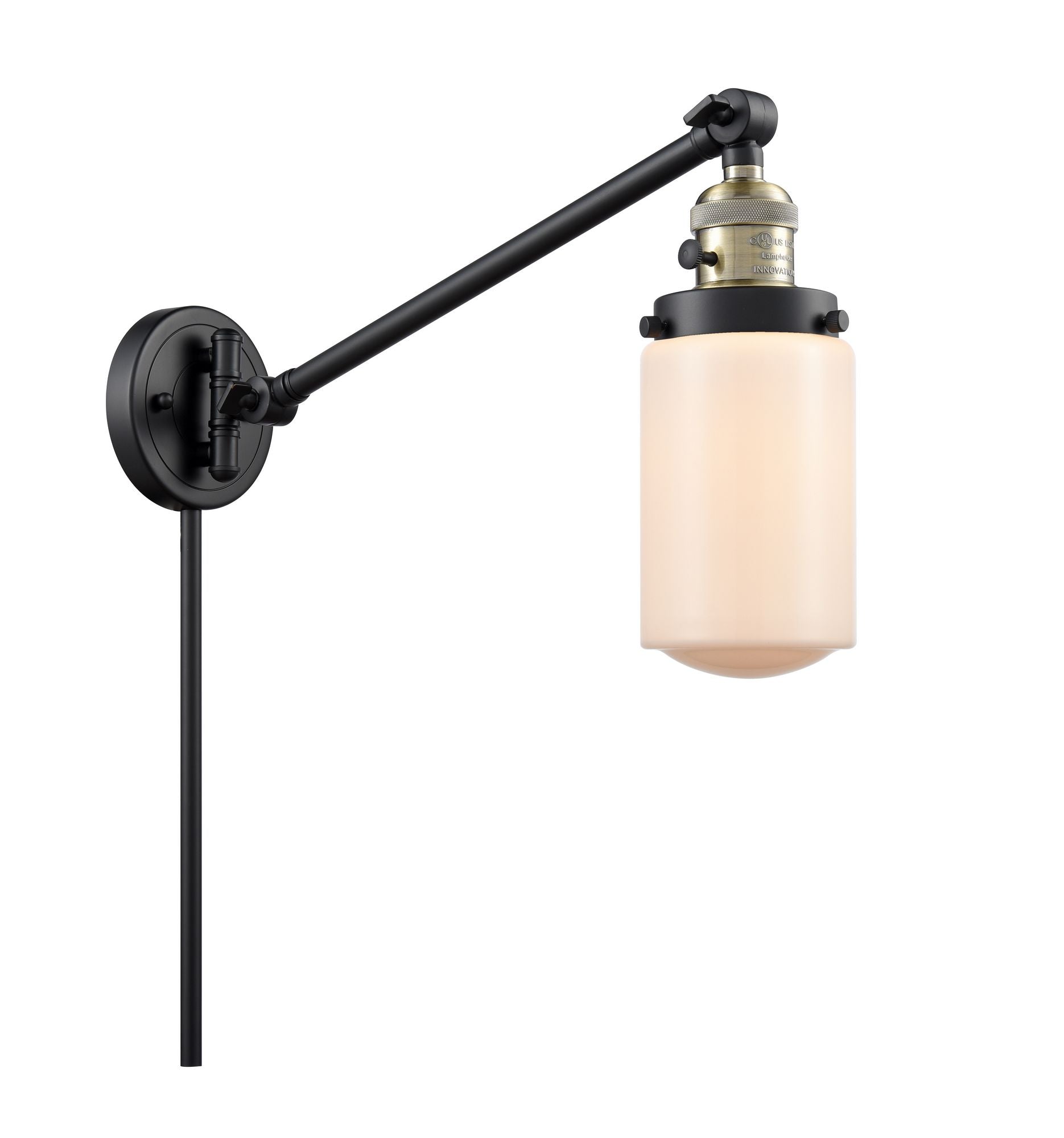 237-BAB-G311 1-Light 4.5" Black Antique Brass Swing Arm - Matte White Cased Dover Glass - LED Bulb - Dimmensions: 4.5 x 30 x 25.75 - Glass Up or Down: Yes