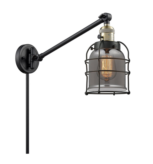 1-Light 8" Black Antique Brass Swing Arm - Plated Smoke Small Bell Cage Glass LED - w/Switch