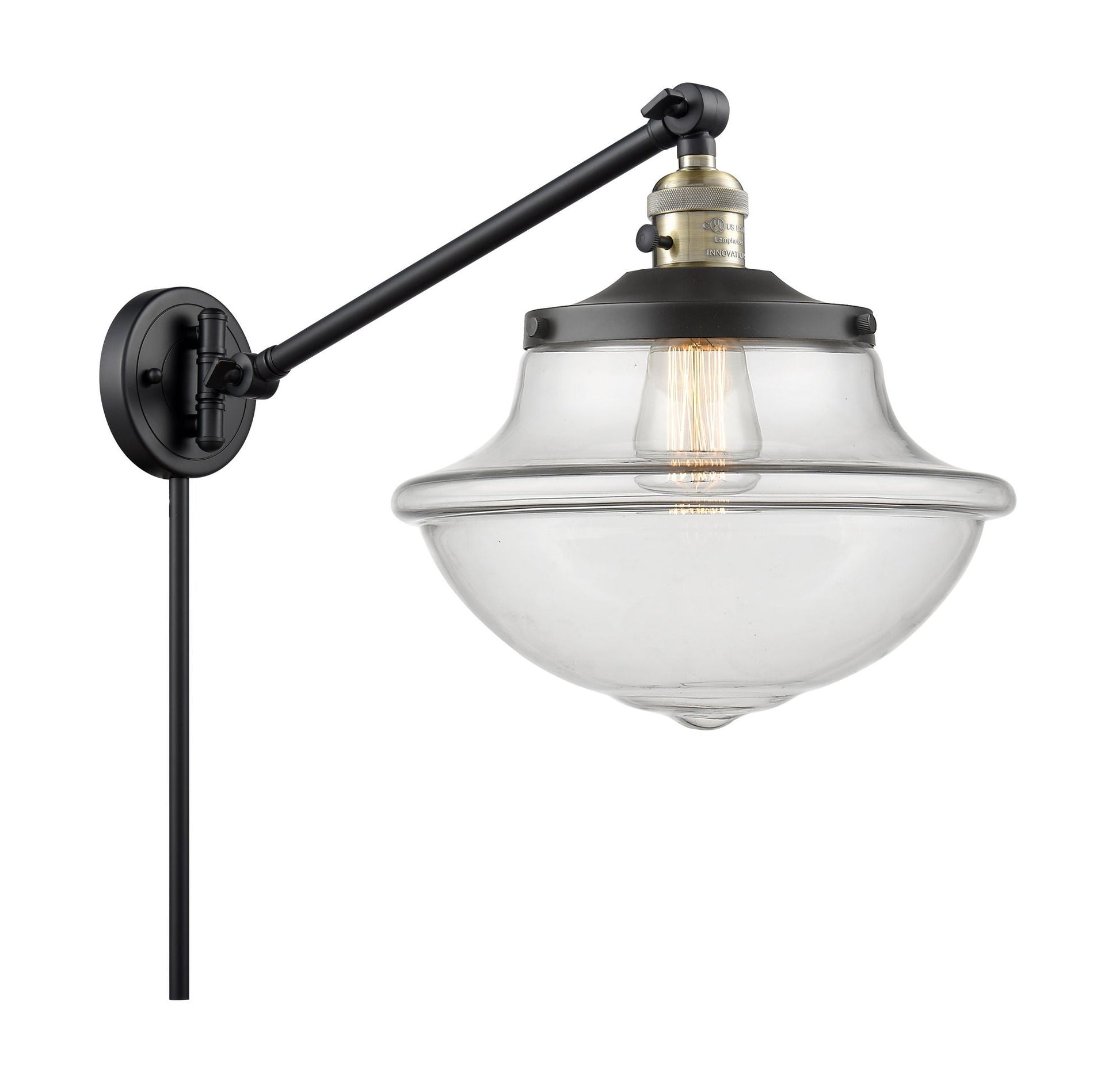 237-BAB-G542 1-Light 11.75" Black Antique Brass Swing Arm - Clear Large Oxford Glass - LED Bulb - Dimmensions: 11.75 x 20 x 13 - Glass Up or Down: Yes