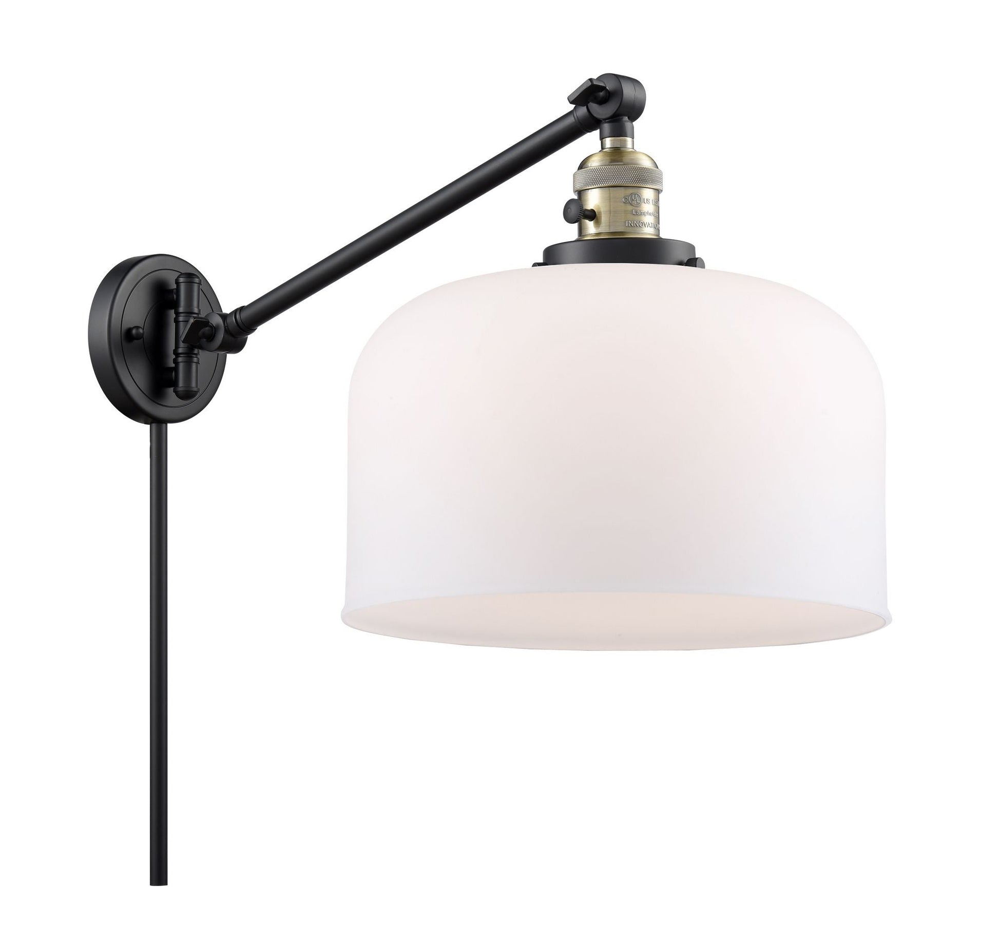 237-BAB-G71-L 1-Light 12" Black Antique Brass Swing Arm - Matte White Cased X-Large Bell Glass - LED Bulb - Dimmensions: 12 x 12 x 13 - Glass Up or Down: Yes