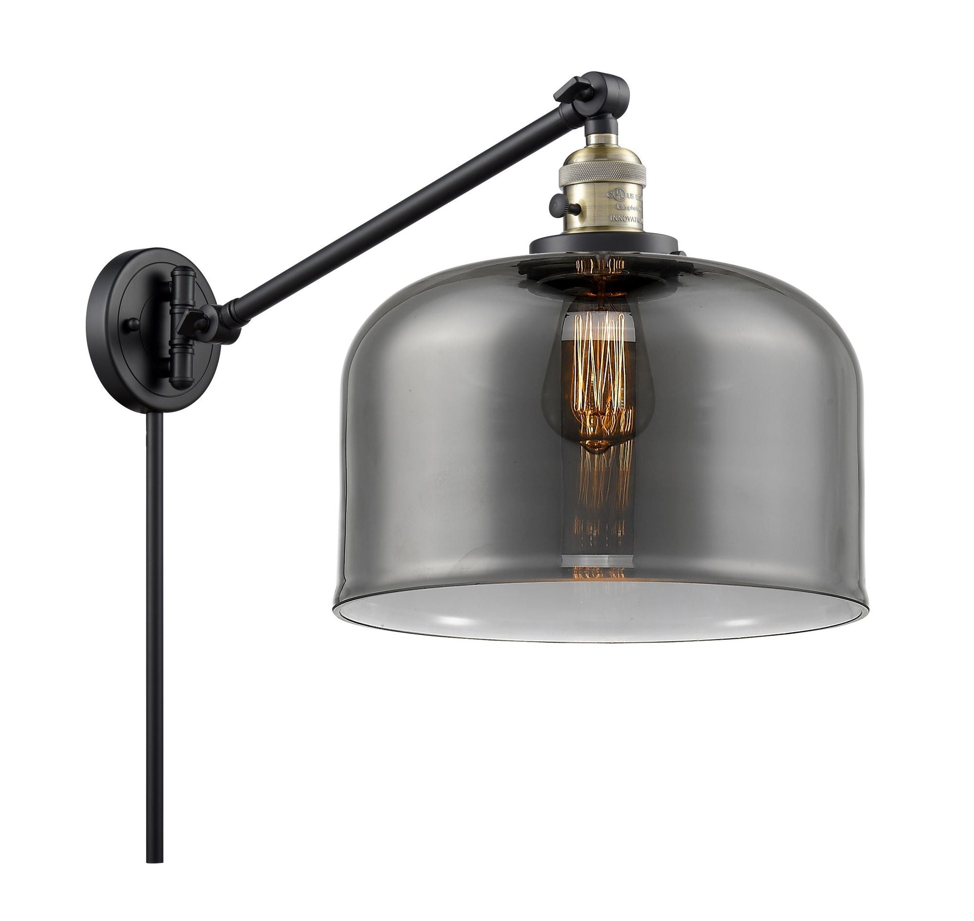 237-BAB-G73-L 1-Light 12" Black Antique Brass Swing Arm - Plated Smoke X-Large Bell Glass - LED Bulb - Dimmensions: 12 x 12 x 13 - Glass Up or Down: Yes