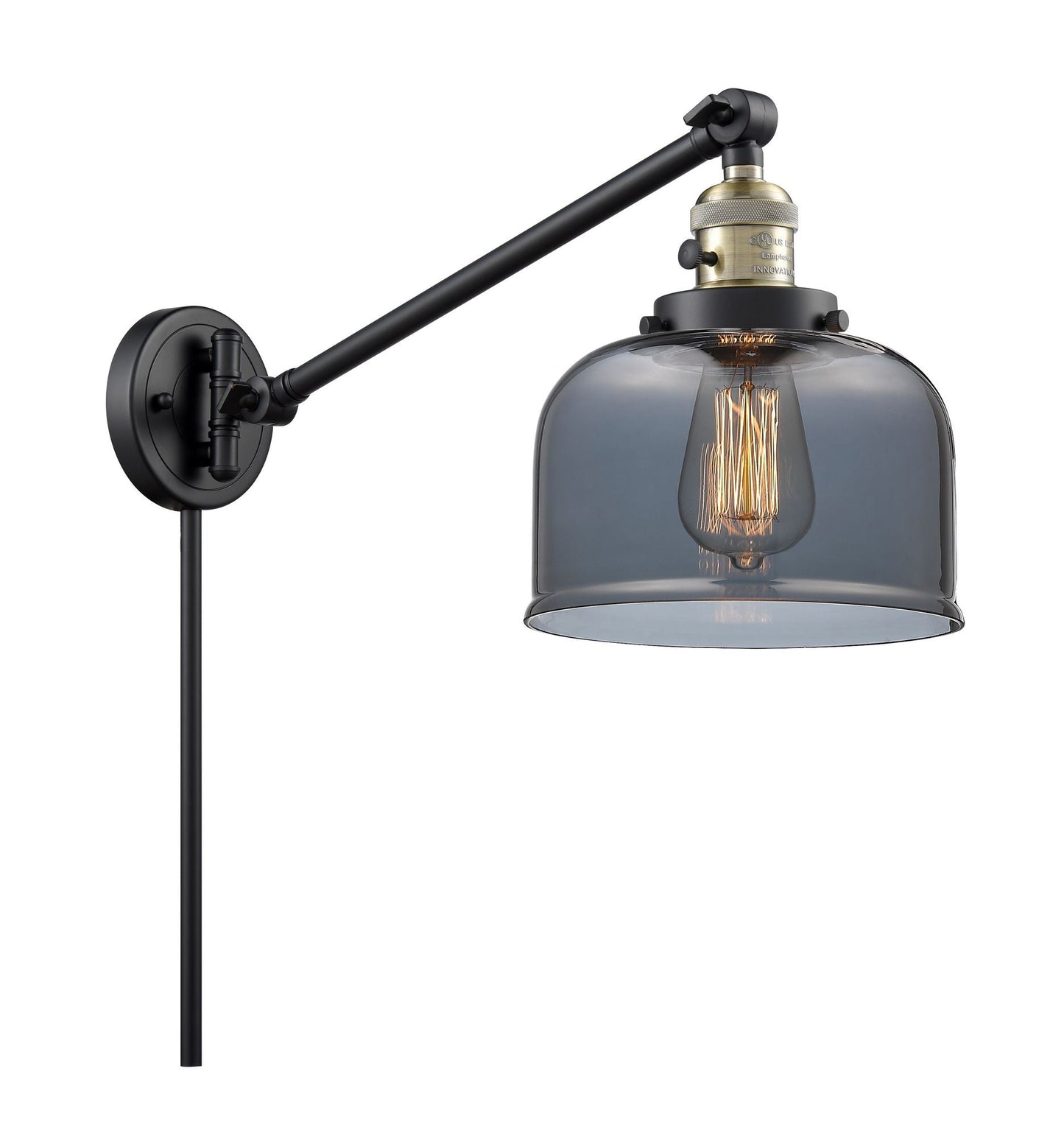 237-BAB-G73 1-Light 8" Black Antique Brass Swing Arm - Plated Smoke Large Bell Glass - LED Bulb - Dimmensions: 8 x 21 x 25 - Glass Up or Down: Yes
