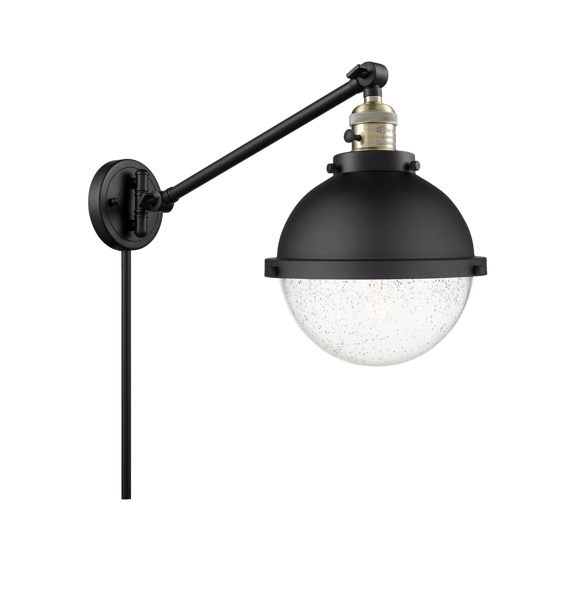 237-BAB-HFS-84-BK 1-Light 9" Matte Black Swing Arm - Seedy Hampden Glass - LED Bulb - Dimmensions: 9 x 20.5 x 13.125 - Glass Up or Down: Yes