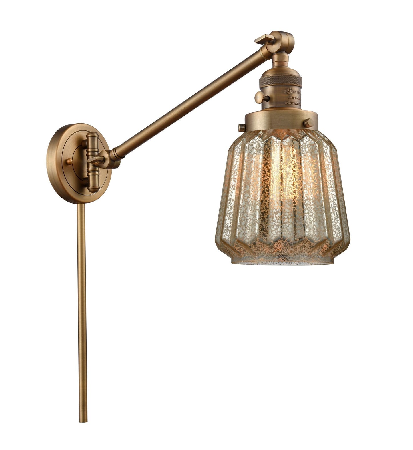 237-BB-G146 1-Light 8" Brushed Brass Swing Arm - Mercury Plated Chatham Glass - LED Bulb - Dimmensions: 8 x 35 x 25 - Glass Up or Down: Yes