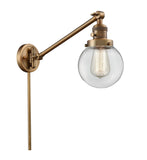 237-BB-G202-6 1-Light 6" Brushed Brass Swing Arm - Clear Beacon Glass - LED Bulb - Dimmensions: 6 x 21 x 25 - Glass Up or Down: Yes