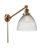 237-BB-G222 1-Light 9.5" Brushed Brass Swing Arm - Clear Halophane Seneca Falls Glass - LED Bulb - Dimmensions: 9.5 x 18 x 16 - Glass Up or Down: Yes