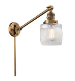 237-BB-G302 1-Light 8" Brushed Brass Swing Arm - Thick Clear Halophane Colton Glass - LED Bulb - Dimmensions: 8 x 30 x 25 - Glass Up or Down: Yes