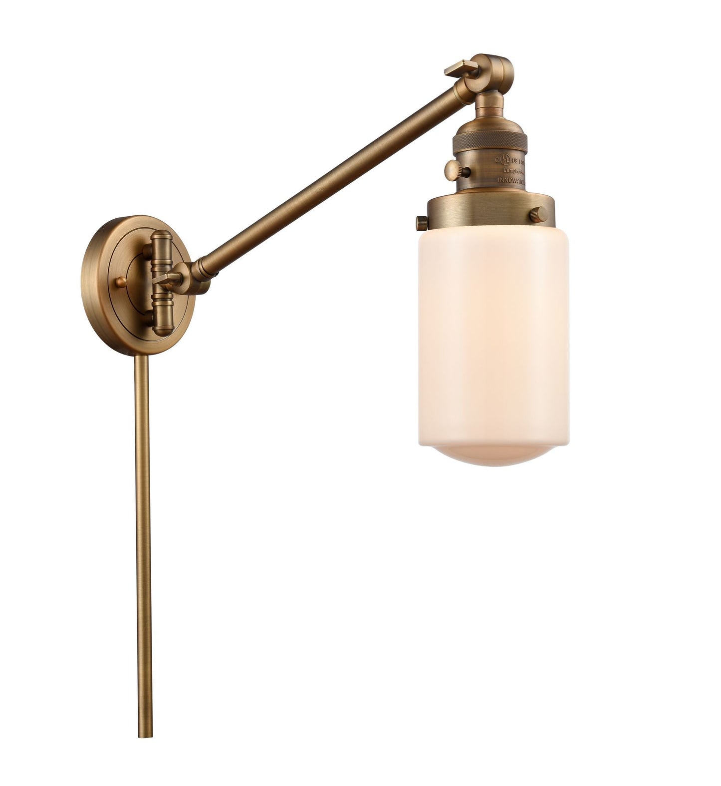 237-BB-G311 1-Light 4.5" Brushed Brass Swing Arm - Matte White Cased Dover Glass - LED Bulb - Dimmensions: 4.5 x 30 x 25.75 - Glass Up or Down: Yes