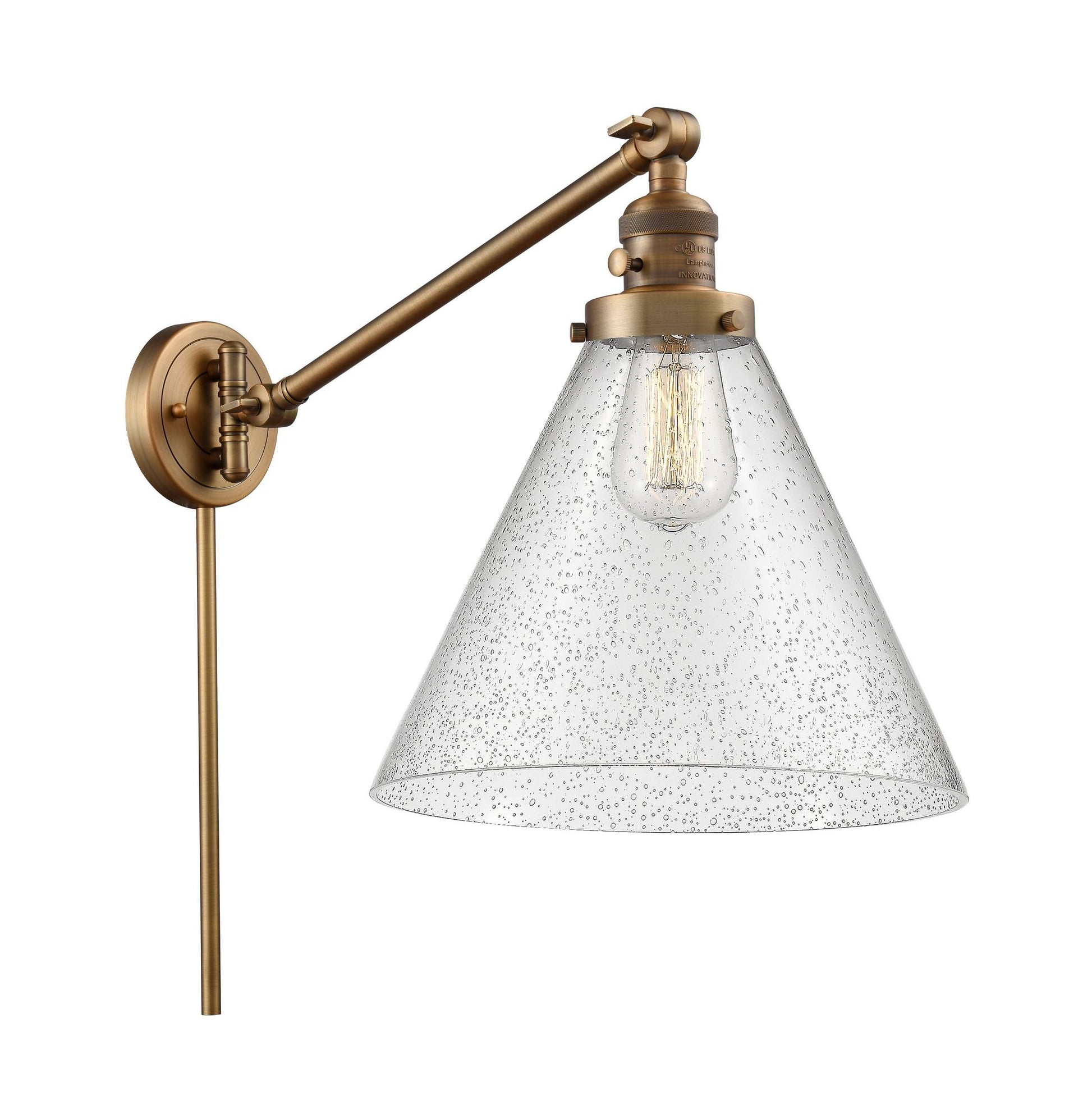 237-BB-G44-L 1-Light 12" Brushed Brass Swing Arm - Seedy Cone 12" Glass - LED Bulb - Dimmensions: 12 x 16 x 16 - Glass Up or Down: Yes