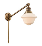 237-BB-G531 1-Light 8" Brushed Brass Swing Arm - Matte White Cased Small Oxford Glass - LED Bulb - Dimmensions: 8 x 30 x 25 - Glass Up or Down: Yes