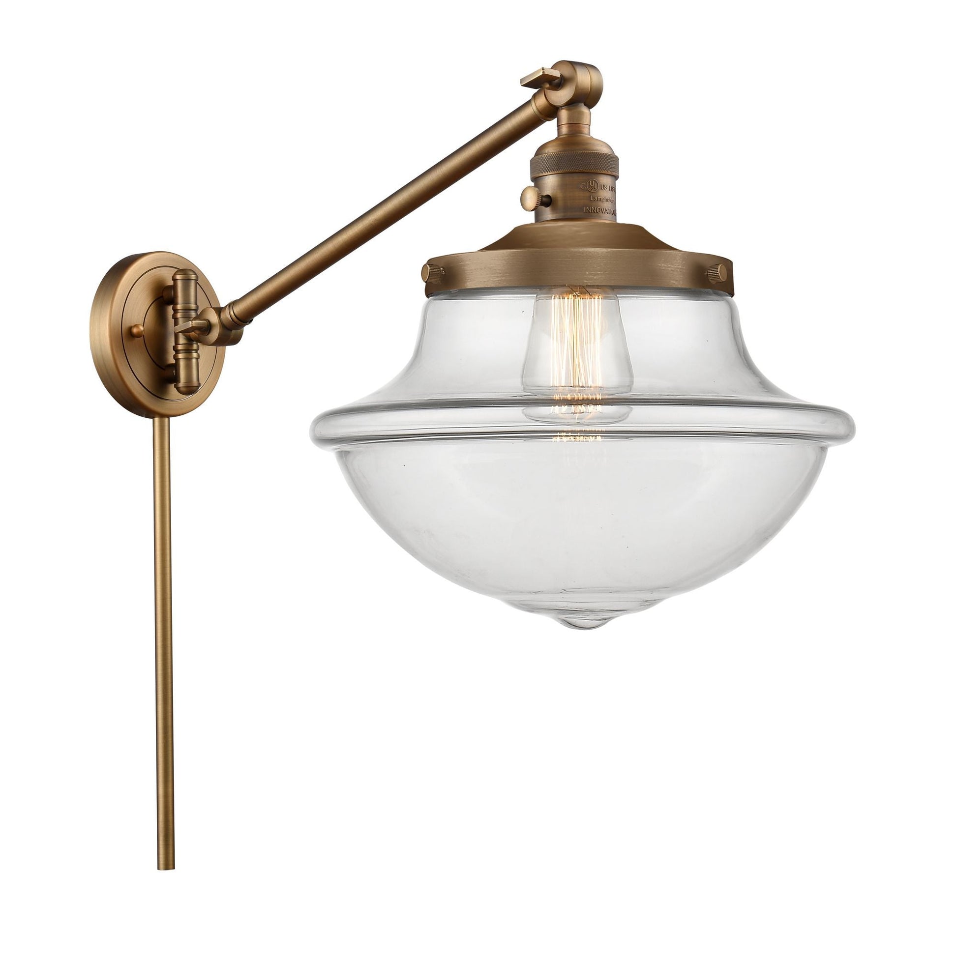 237-BB-G542 1-Light 11.75" Brushed Brass Swing Arm - Clear Large Oxford Glass - LED Bulb - Dimmensions: 11.75 x 20 x 13 - Glass Up or Down: Yes