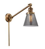 237-BB-G63 1-Light 8" Brushed Brass Swing Arm - Plated Smoke Small Cone Glass - LED Bulb - Dimmensions: 8 x 21 x 25 - Glass Up or Down: Yes