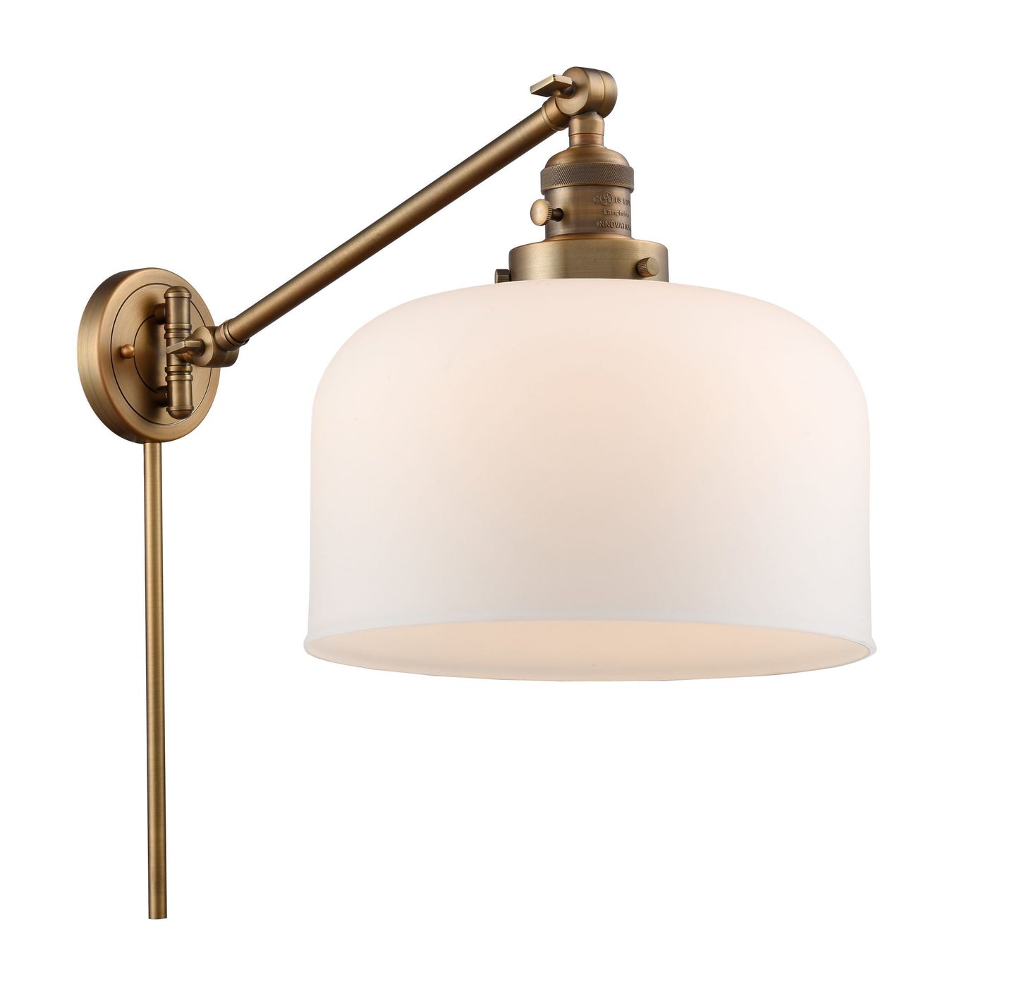 237-BB-G71-L 1-Light 12" Brushed Brass Swing Arm - Matte White Cased X-Large Bell Glass - LED Bulb - Dimmensions: 12 x 12 x 13 - Glass Up or Down: Yes