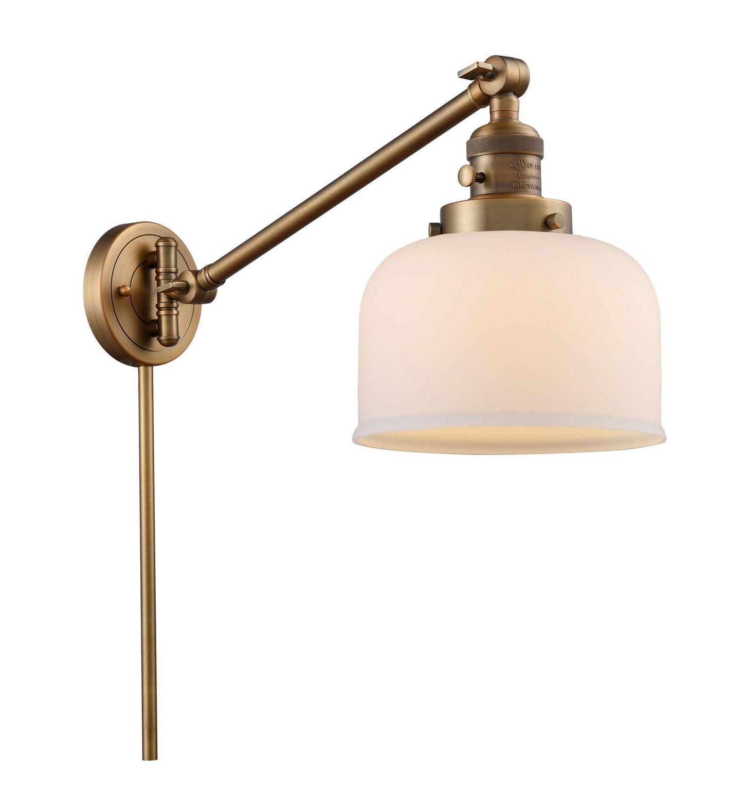 237-BB-G71 1-Light 8" Brushed Brass Swing Arm - Matte White Cased Large Bell Glass - LED Bulb - Dimmensions: 8 x 21 x 25 - Glass Up or Down: Yes