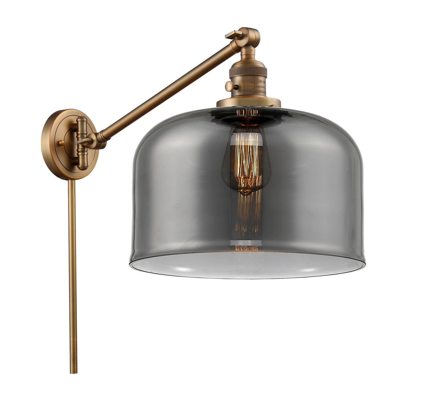 237-BB-G73-L 1-Light 12" Brushed Brass Swing Arm - Plated Smoke X-Large Bell Glass - LED Bulb - Dimmensions: 12 x 12 x 13 - Glass Up or Down: Yes