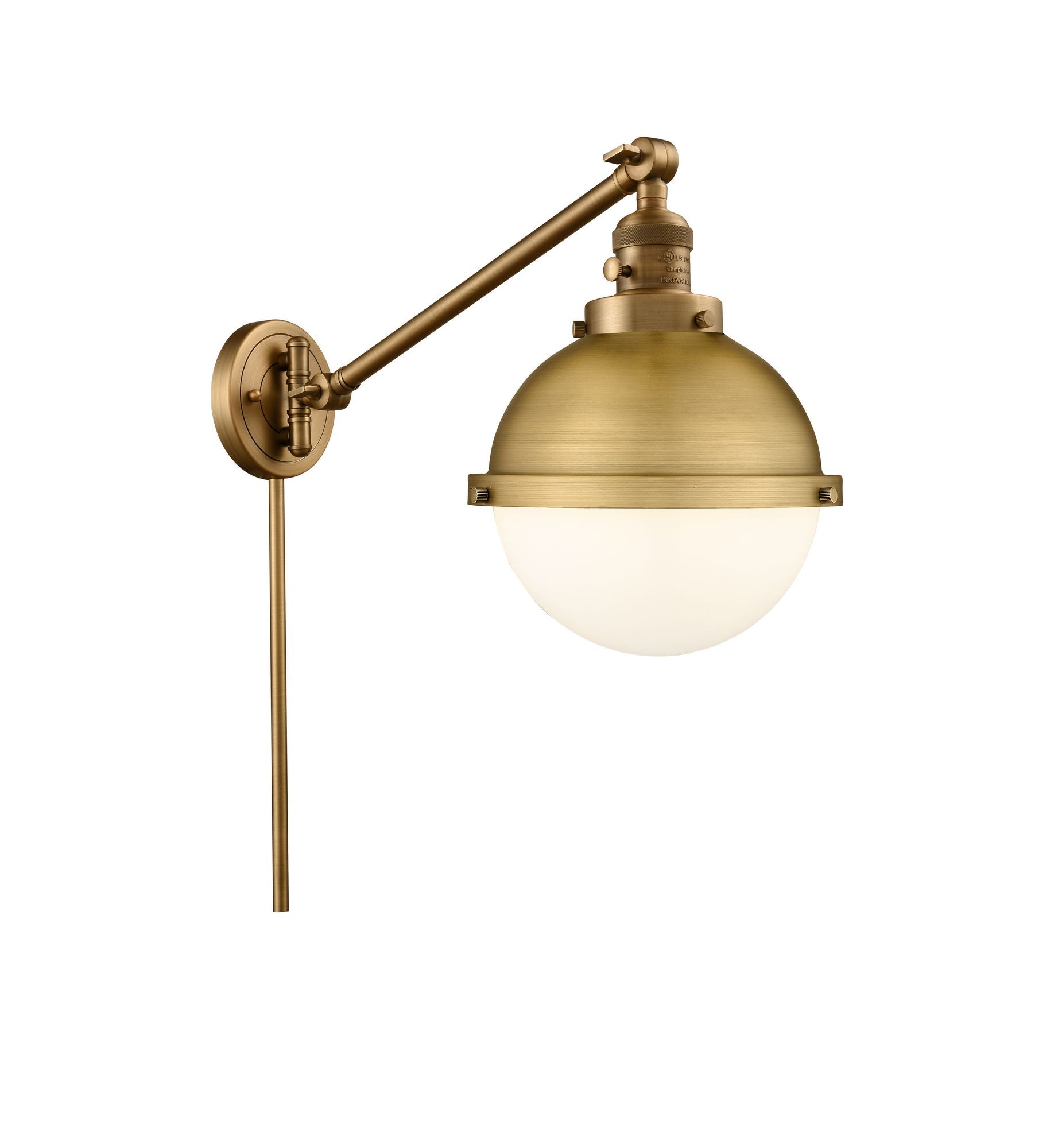 237-BB-HFS-81-BB 1-Light 9" Brushed Brass Swing Arm - Matte White Hampden Glass - LED Bulb - Dimmensions: 9 x 20.5 x 13.125 - Glass Up or Down: Yes