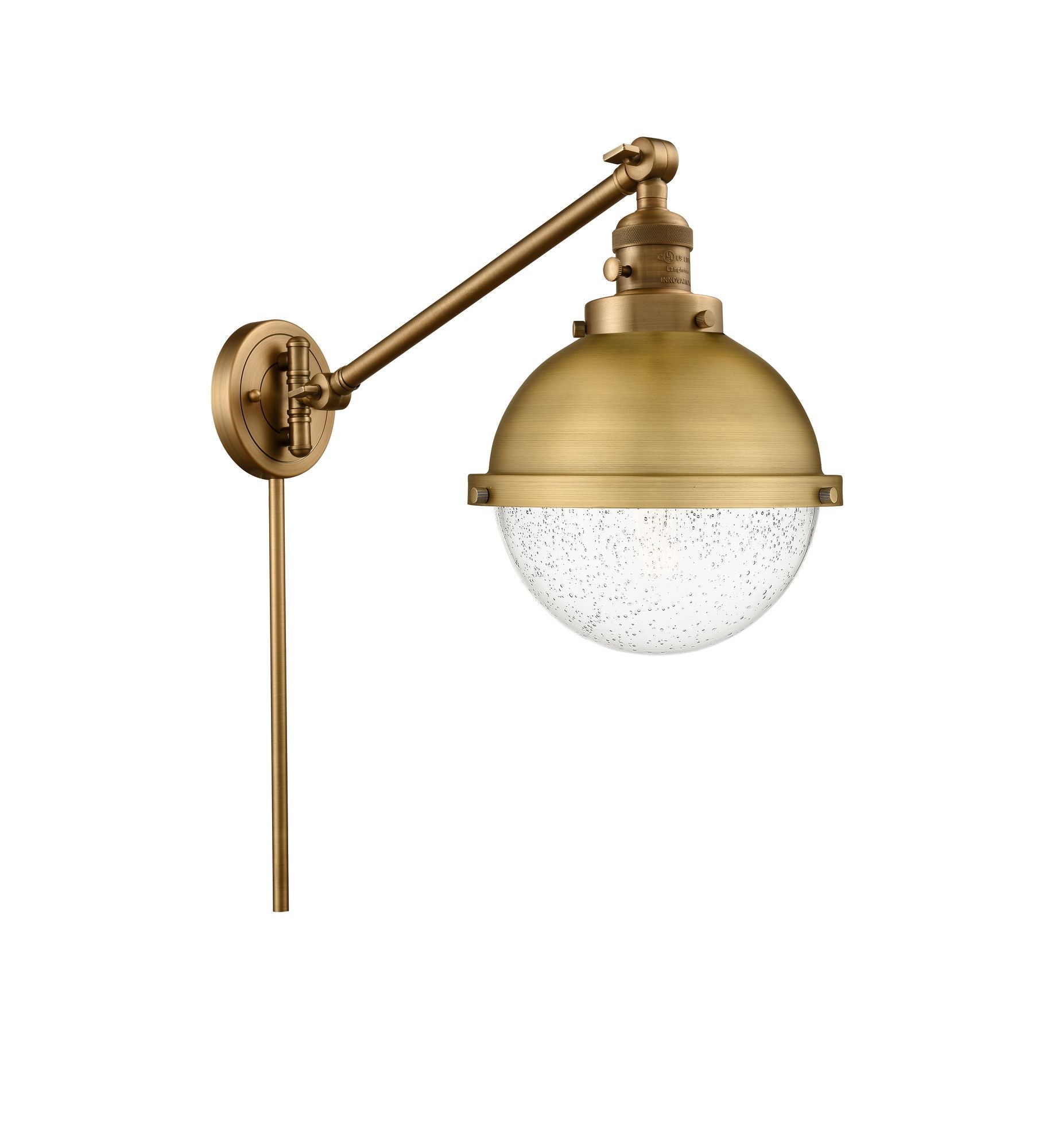 237-BB-HFS-84-BB 1-Light 9" Brushed Brass Swing Arm - Seedy Hampden Glass - LED Bulb - Dimmensions: 9 x 20.5 x 13.125 - Glass Up or Down: Yes