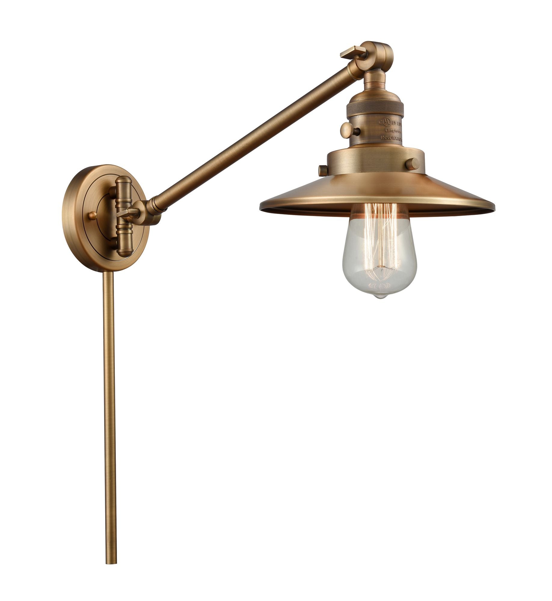 1-Light 8" Brushed Brass Swing Arm - Brushed Brass Railroad Shade - Incandesent Or LED Bulbs