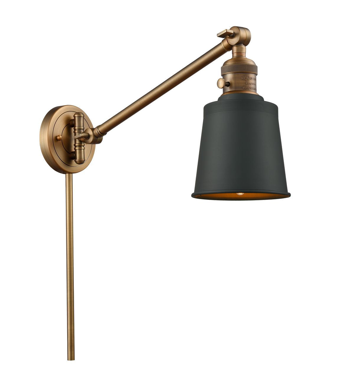 1-Light 8" Brushed Brass Swing Arm - Brushed Brass Addison Shade - LED Bulb - On/Off Turn Switch