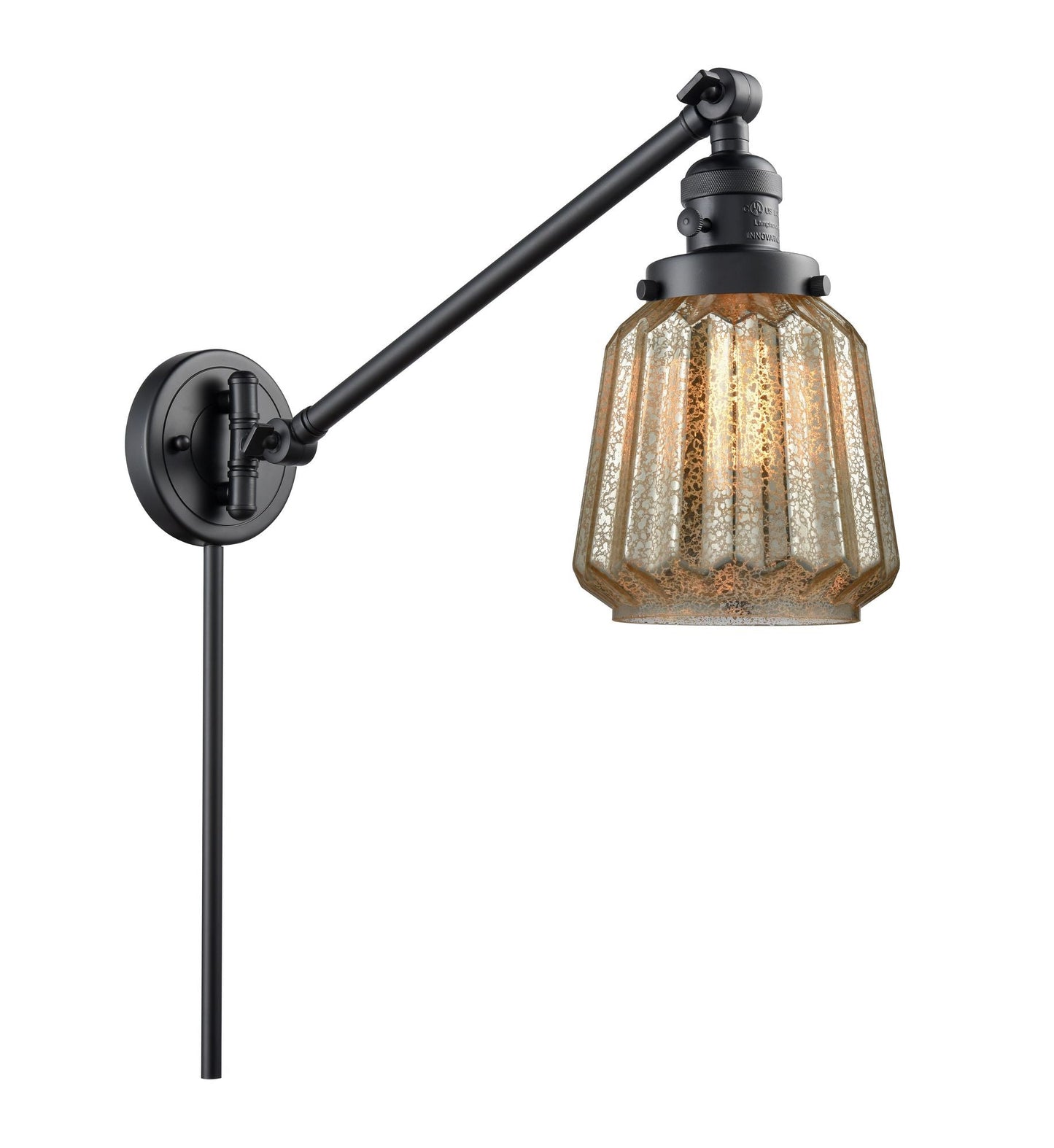 237-BK-G146 1-Light 8" Matte Black Swing Arm - Mercury Plated Chatham Glass - LED Bulb - Dimmensions: 8 x 35 x 25 - Glass Up or Down: Yes