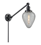 237-BK-G165 1-Light 8" Matte Black Swing Arm - Clear Crackle Geneseo Glass - LED Bulb - Dimmensions: 8 x 35 x 25 - Glass Up or Down: Yes