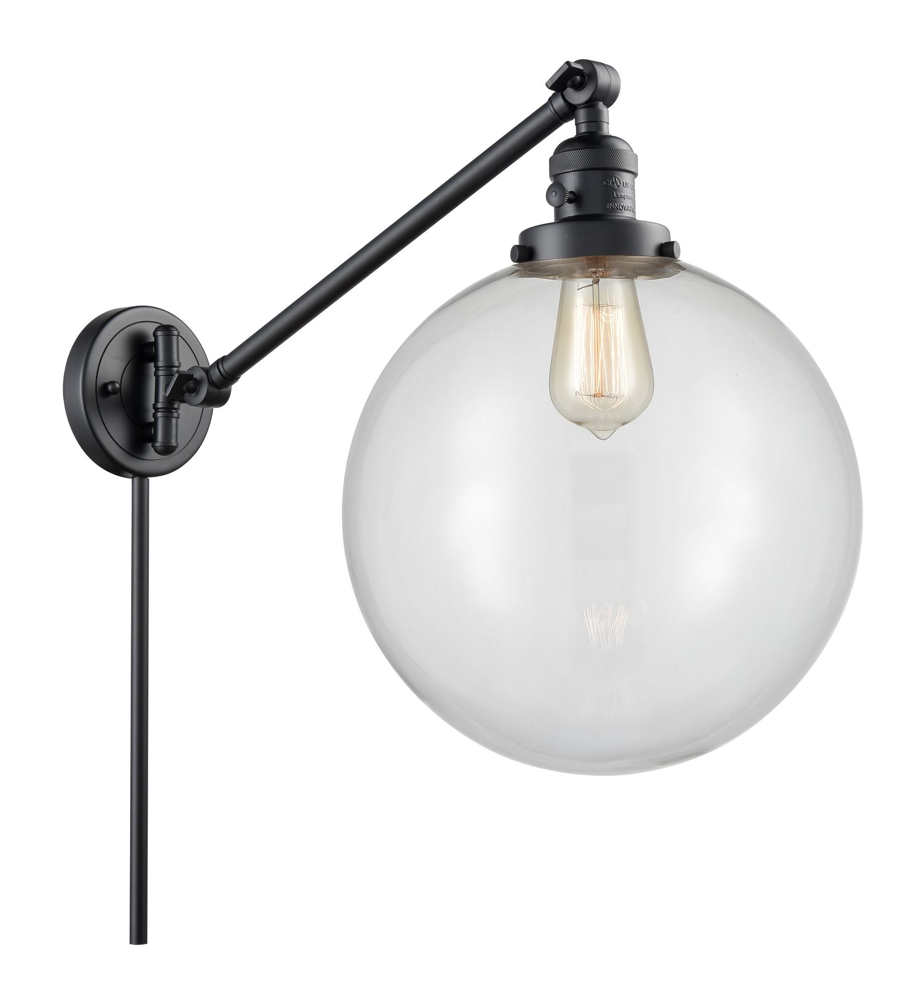 237-BK-G202-12 1-Light 12" Matte Black Swing Arm - Clear Beacon Glass - LED Bulb - Dimmensions: 12 x 20 x 16 - Glass Up or Down: Yes