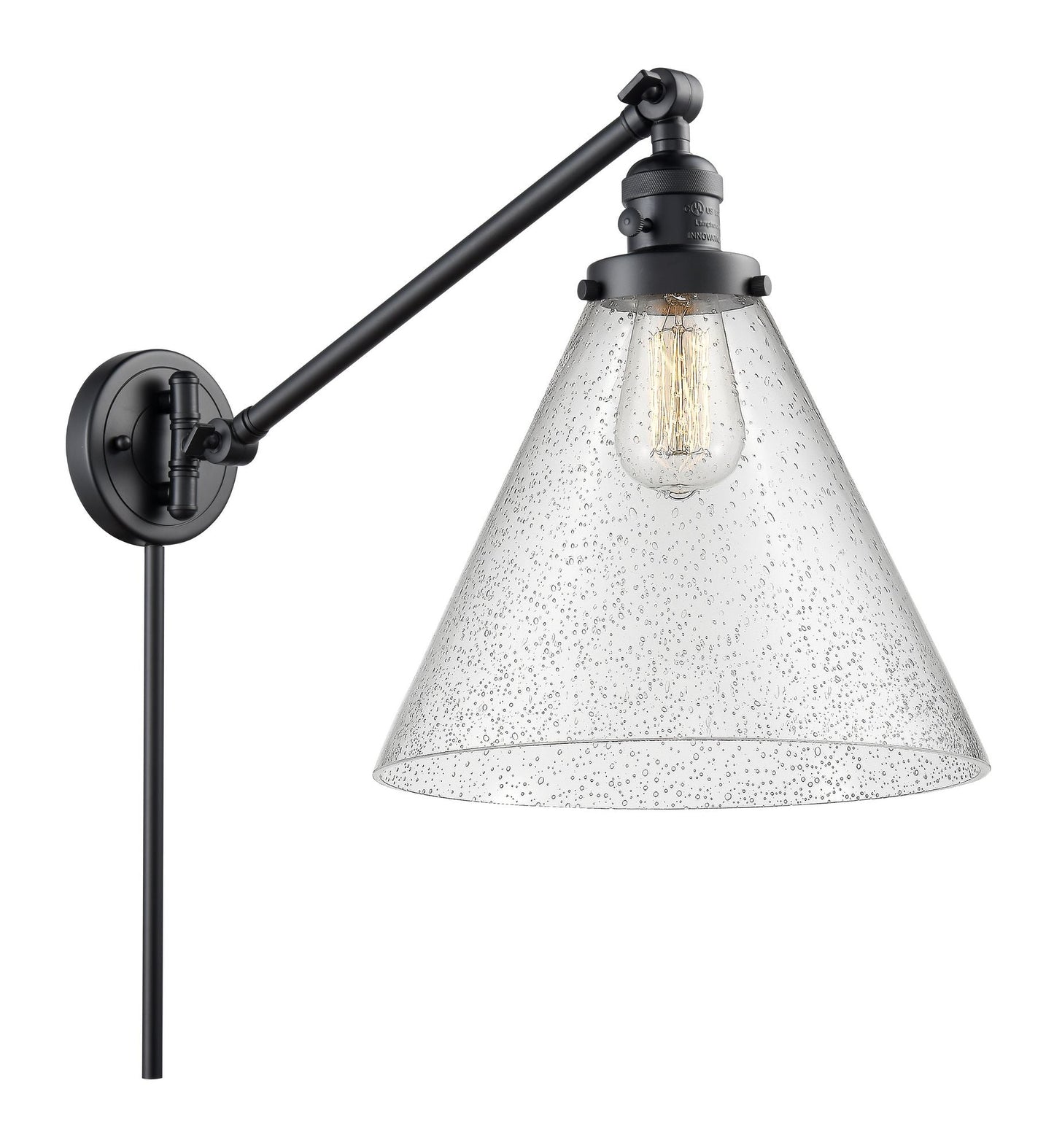 237-BK-G44-L 1-Light 12" Matte Black Swing Arm - Seedy Cone 12" Glass - LED Bulb - Dimmensions: 12 x 16 x 16 - Glass Up or Down: Yes