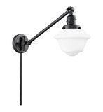 237-BK-G531 1-Light 8" Matte Black Swing Arm - Matte White Cased Small Oxford Glass - LED Bulb - Dimmensions: 8 x 30 x 25 - Glass Up or Down: Yes