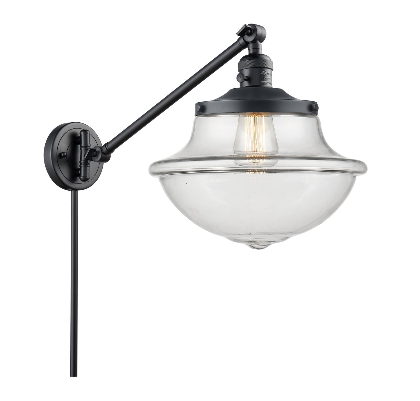237-BK-G542 1-Light 11.75" Matte Black Swing Arm - Clear Large Oxford Glass - LED Bulb - Dimmensions: 11.75 x 20 x 13 - Glass Up or Down: Yes