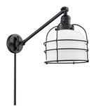237-BK-G71-CE 1-Light 8" Matte Black Swing Arm - Matte White Cased Large Bell Cage Glass - LED Bulb - Dimmensions: 8 x 21 x 25 - Glass Up or Down: Yes