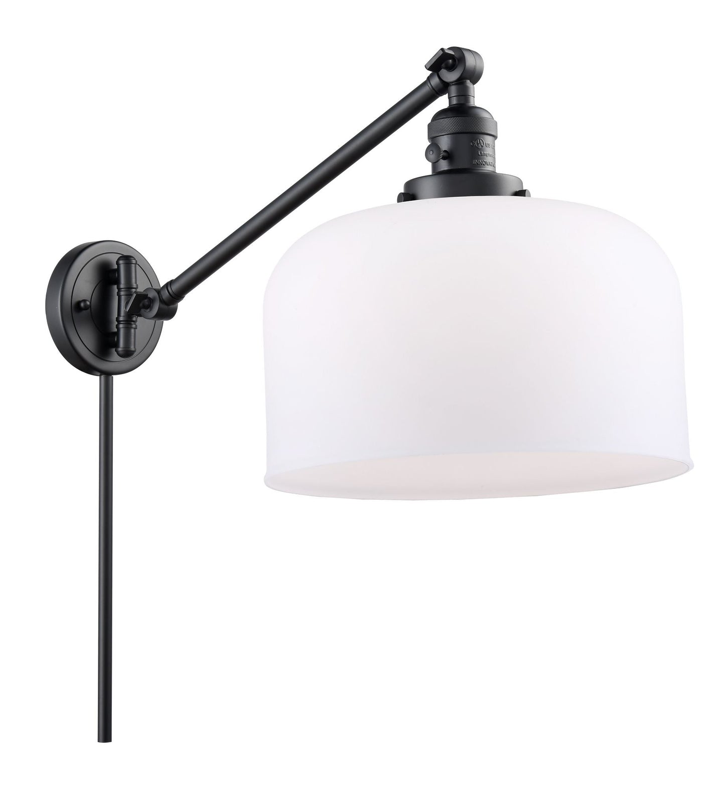 237-BK-G71-L 1-Light 12" Matte Black Swing Arm - Matte White Cased X-Large Bell Glass - LED Bulb - Dimmensions: 12 x 12 x 13 - Glass Up or Down: Yes