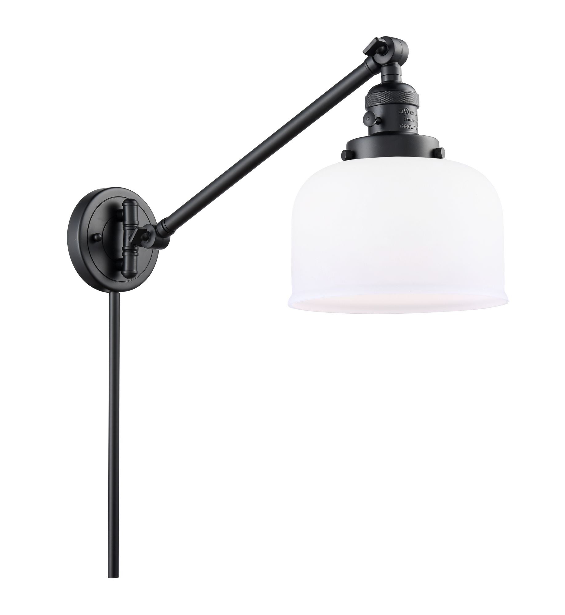 237-BK-G71 1-Light 8" Matte Black Swing Arm - Matte White Cased Large Bell Glass - LED Bulb - Dimmensions: 8 x 21 x 25 - Glass Up or Down: Yes