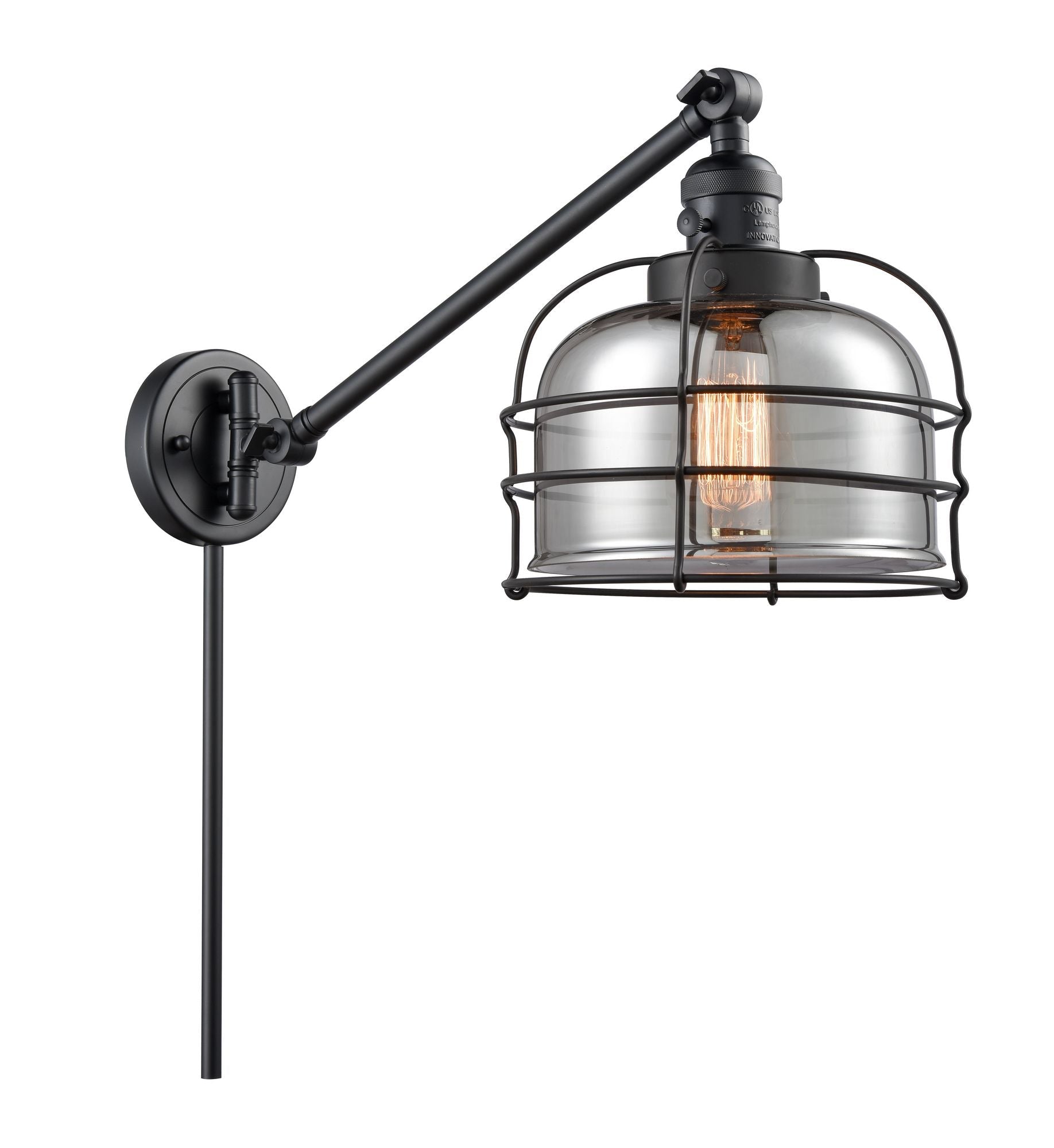 237-BK-G73-CE 1-Light 8" Matte Black Swing Arm - Plated Smoke Large Bell Cage Glass - LED Bulb - Dimmensions: 8 x 21 x 25 - Glass Up or Down: Yes