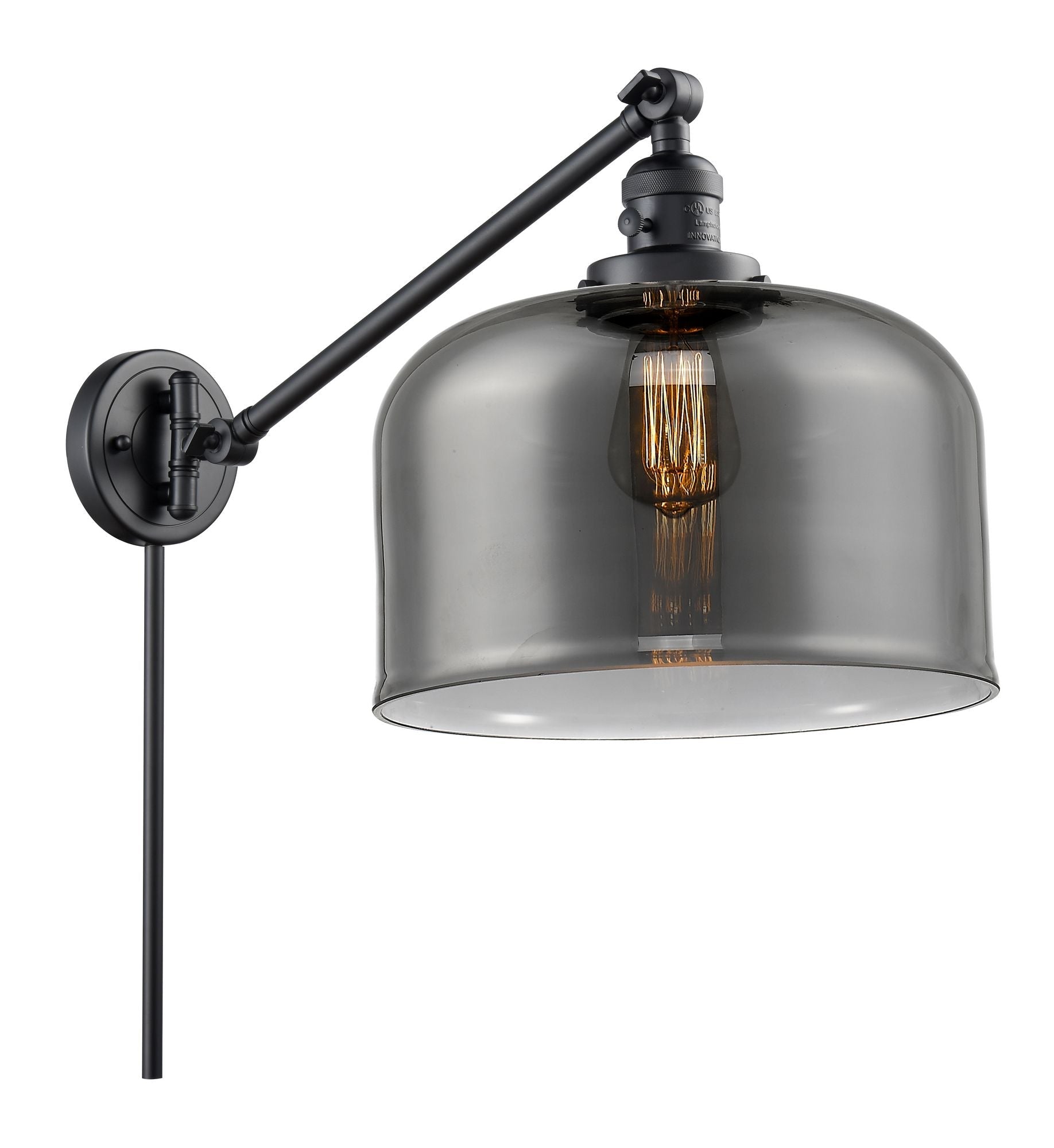 237-BK-G73-L 1-Light 12" Matte Black Swing Arm - Plated Smoke X-Large Bell Glass - LED Bulb - Dimmensions: 12 x 12 x 13 - Glass Up or Down: Yes