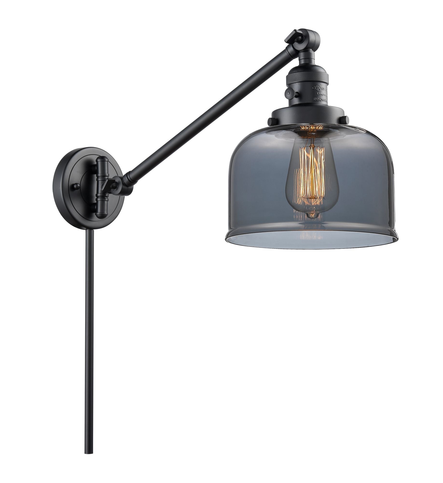 237-BK-G73 1-Light 8" Matte Black Swing Arm - Plated Smoke Large Bell Glass - LED Bulb - Dimmensions: 8 x 21 x 25 - Glass Up or Down: Yes